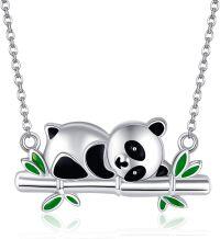 wholesale 925 Sterling Silver Adorable Panda Bear Bamboo Leaves Charm Pendant Necklace for Women Girls  45cm Chain Length-Panda