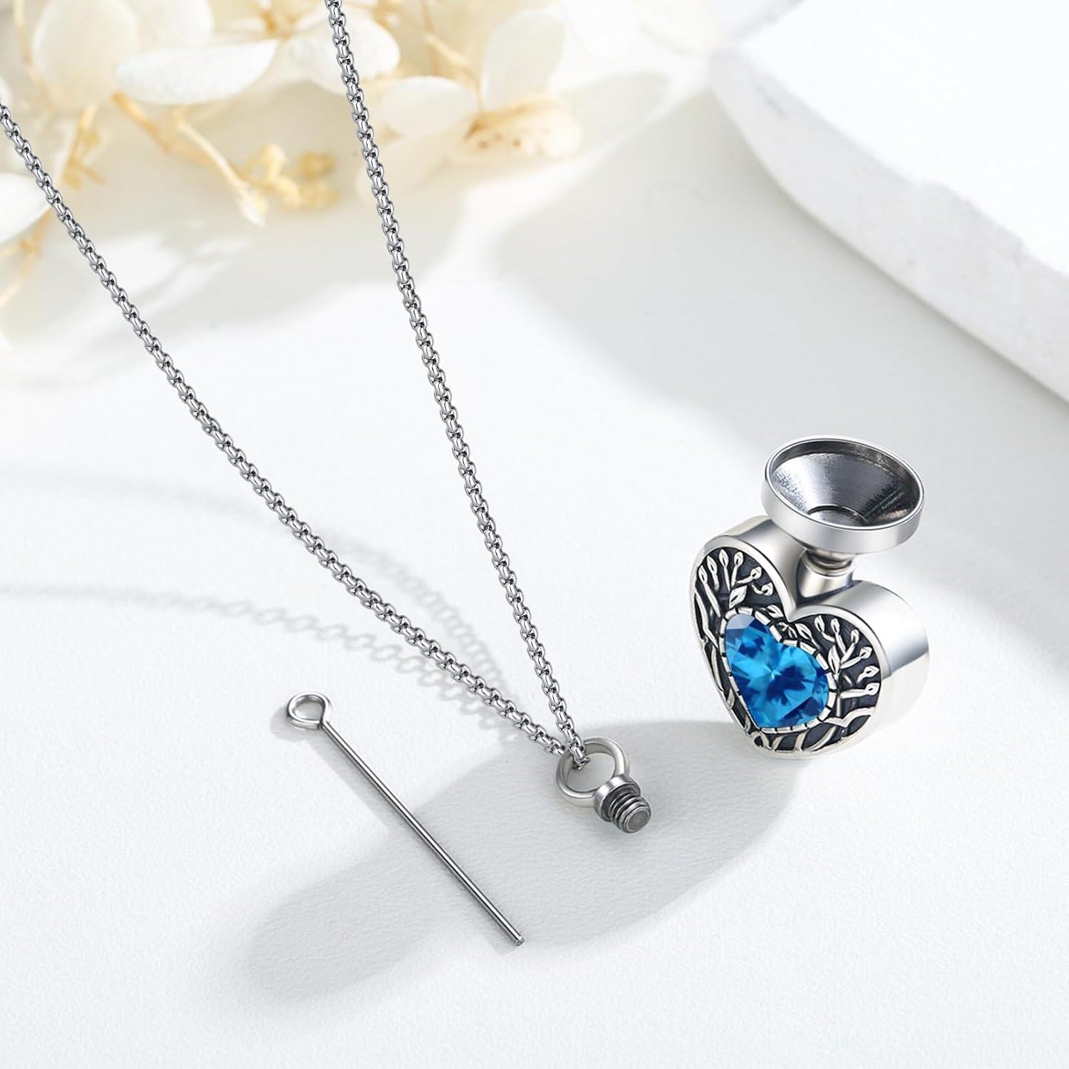 925 Sterling Silver Heart-Shaped Blue Crystal Tree of Life Cremation Jewelry Urn Necklace with Funnel and Fill Tool for Women & Men-0-2