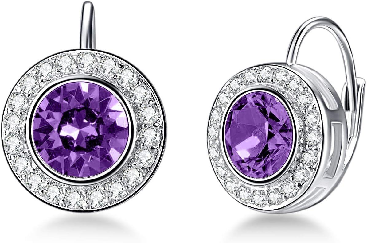 Sterling Silver Austria Crystal Halo Leverback Earrings Birthday Gifts for Women-Purple