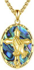 wholesale 925 Sterling Silver Plated Gold Praying Hands Pendant with Abalone Shell and Cross - One Day at a Time Prayer Necklace for Men's Religious Gifts-0-0