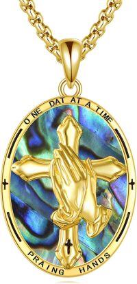 wholesale 925 Sterling Silver Plated Gold Praying Hands Pendant with Abalone Shell and Cross - One Day at a Time Prayer Necklace for Men's Religious Gifts-Praying Hands