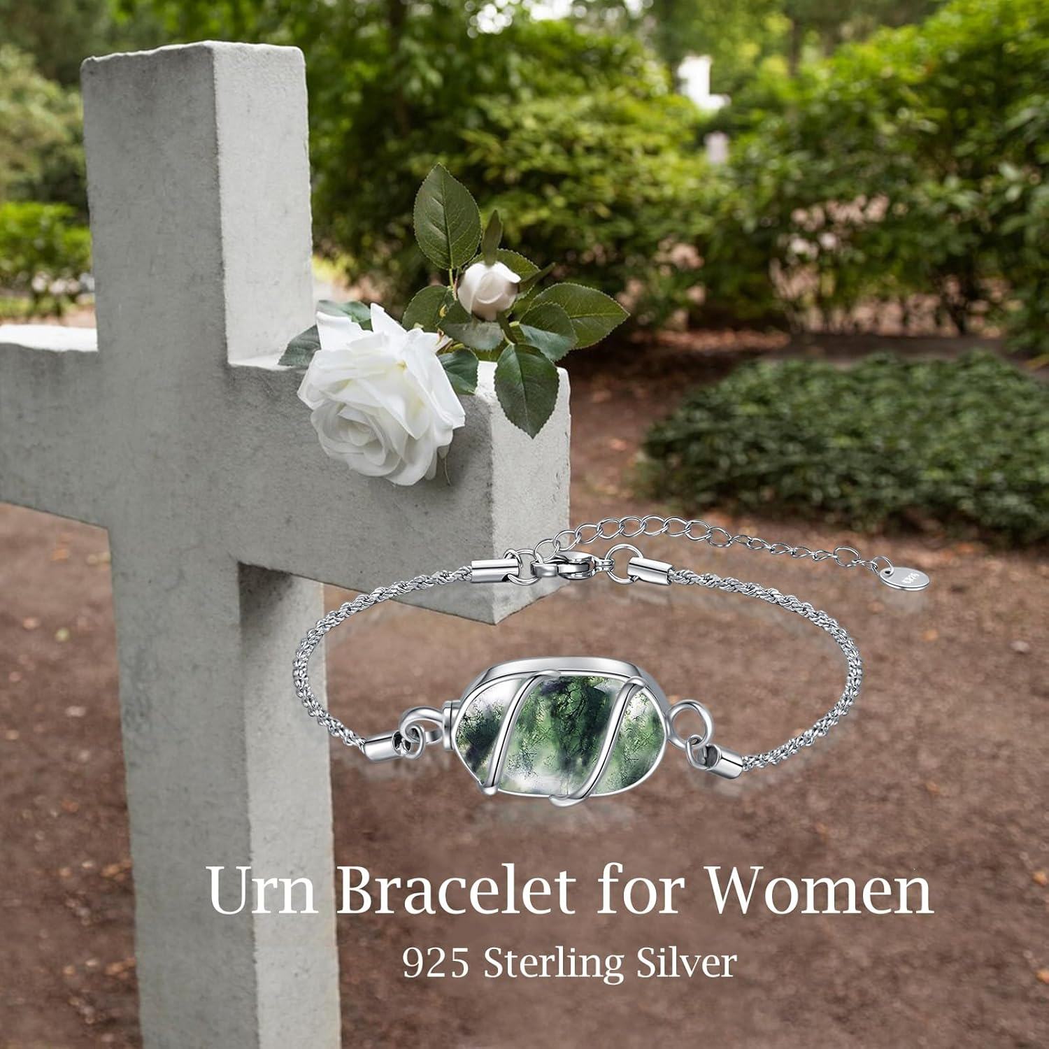 925 Sterling Silver Green Moss Agate Cremation Urn Bracelet for Ashes Memory s for Women-0-2
