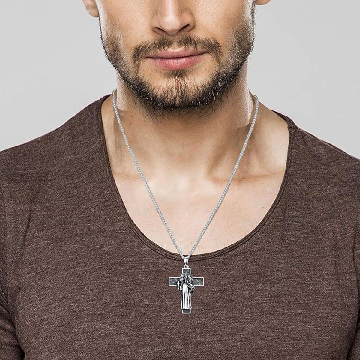 wholesale 925 Sterling Silver Saint Benedict Cross Pendant Necklace with Stainless Steel Chain with Chain - Religious Protection Charm Jewelry for Men-0-1