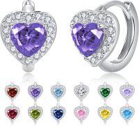 wholesale 925 Sterling Silver Cubic Zirconia 12 Birthstone Heart Huggie Hoop Earrings Valentine Wedding Gifts-02-Feb.