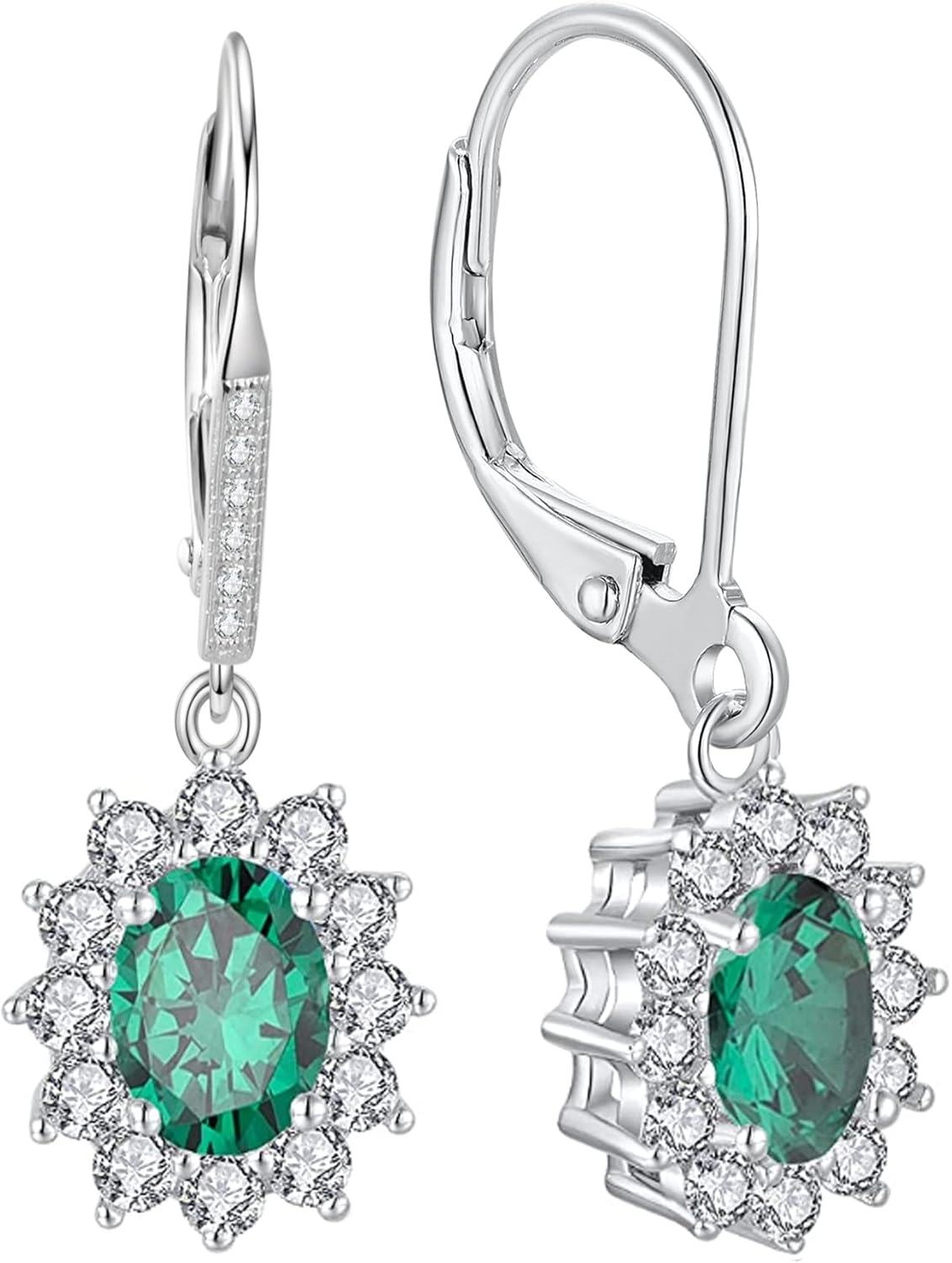 wholesale 925 Sterling Silver Oval Cut Birthstone Dangle Leverback Earrings for Women Mom-Emerald Green Earrings