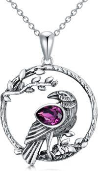 wholesale 925 Silver Crow Necklace with Birthstone Crystal - Magical Raven Pendant for Women, 0.87-Light purple