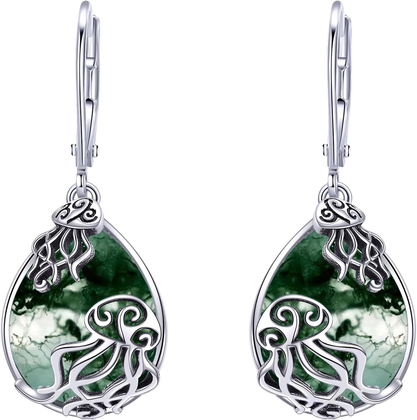 Sterling Silver Animal Earrings Horse Bee Llama Owl Jellyfish Parrot Bunny Duck Penguin Flamingo Paw Print Panda Dolphin Hummingbird for Mom-Jellyfish-Moos Agate-Jellyfish-Moos Agate