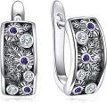 wholesale 925 Sterling Silver Metal Stone Flower Hoop Earrings with Purple and White Stones - Elegant Floral  for Women-0-0