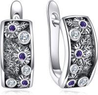 wholesale 925 Sterling Silver Metal Stone Flower Hoop Earrings with Purple and White Stones - Elegant Floral  for Women-Morning Glory Sep.