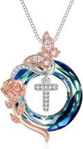 wholesale TOUPOP Christmas Gifts Necklace For Women Rose Necklace With Butterfly T Initial Necklace 925 Sterling Silver With T Letter Blue Crystal Birthday Gifts For Her Mom Wife Girlfriend -0-0