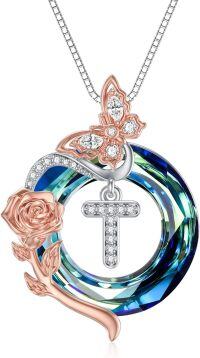 wholesale TOUPOP Christmas Gifts Necklace For Women Rose Necklace With Butterfly T Initial Necklace 925 Sterling Silver With T Letter Blue Crystal Birthday Gifts For Her Mom Wife Girlfriend -undefined