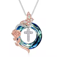 TOUPOP Sterling Silver Blue Crystal T Letter Butterfly Rose Necklace-undefined
