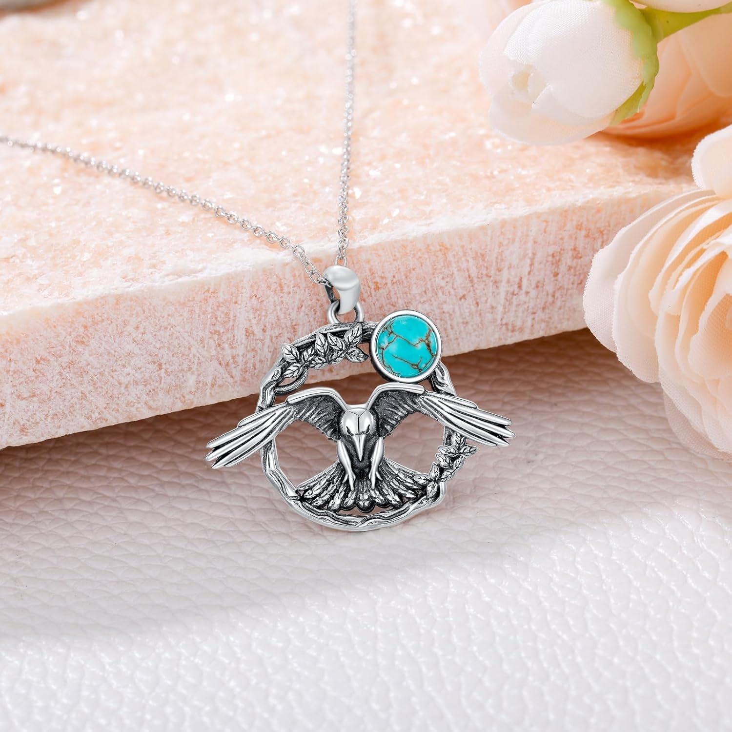 wholesale 925 Sterling Silver Green Turquoise Vintage Wolf Raven Phoenix Pendant Necklace w 18+2 Chain ( chars)-0-4
