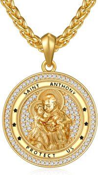 wholesale Gold 925 Sterling Silver Saint Anthony Pendant Necklace with Cubic Zirconia and Braided Chain - Catholic Religious  for Women & Men-St Anthony-Gold-White CZ