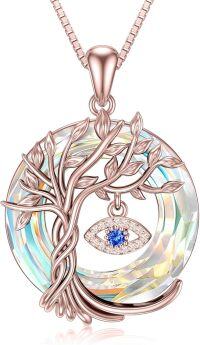 wholesale  Sterling Silver Evil Eye Necklace with Crystal Tree of Life Pendant -Evil Eye-Aurore Boreale Crystal-Rose Gold