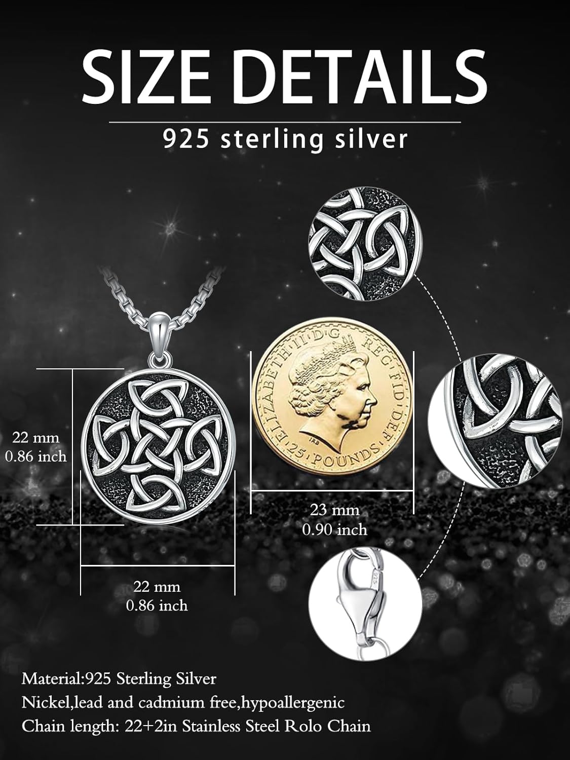 wholesale 925 Sterling Silver Celtic Knot Circle Pendant on Stainless Steel Rolo Chain Necklaces with Black Stone and Triquetra Design for Men & Women Christian  Ideas-0-4