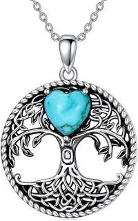 wholesale 925 Sterling Silver Heart-Shaped Turquoise Stone Tree of Life Pendant Necklace for Women-Turquoise-Heart