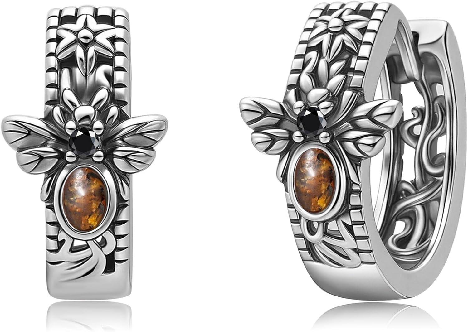 Sterling Silver Horseshoe Flower of Life Kokopelli Tree of Life Huggie Hoop Earrings-Bee