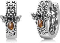 wholesale 925 Sterling Silver Amber Bee & Leaf Design Huggie Hoop Earrings-Bee