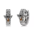 wholesale 925 Sterling Silver Amber Bee & Leaf Design Huggie Hoop Earrings-0-0