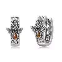 wholesale 925 Sterling Silver Amber Bee & Leaf Design Huggie Hoop Earrings-Bee