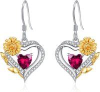 wholesale Sterling Silver Cubic Zirconia Sunflower Heart Dangle Hoop Earrings-07 Jul