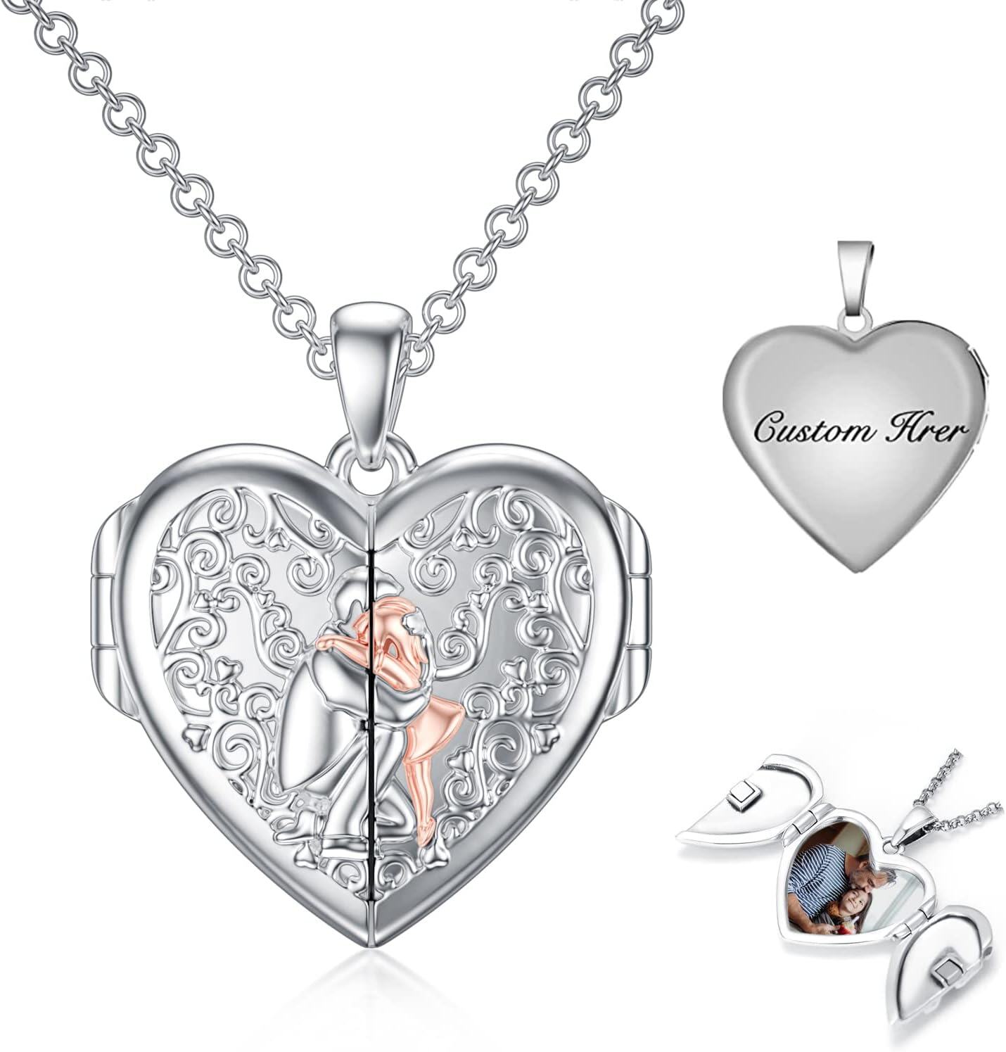 Sterling Silver Abalone Shell Daughter Locket Necklace Gift from Mom Dad-06-Father Daughter Locket+ Photo+Text-06-Father Daughter Locket+ Photo