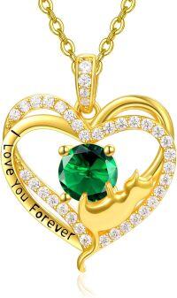wholesale Sterling Silver Birthstone Cat Projection Heart Pendant Necklace-Gold-05 May - Emerald-Gold