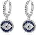 wholesale 925 Sterling Silver Blue Evil Eye Leverback Huggie Hoop Dangle Earrings with Cubic Zirconia and Rope Design-0-0