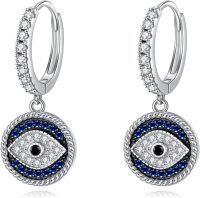wholesale 925 Sterling Silver Blue Evil Eye Leverback Huggie Hoop Dangle Earrings with Cubic Zirconia and Rope Design-Blue Evil Eye 3