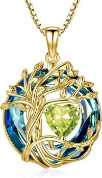 wholesale White Gold Yellow Gold Plated Sterling Silver Austrian Crystal Celtic Tree of Life Necklace-08-Aug-Peridot 18K Gold-Blue Crystal