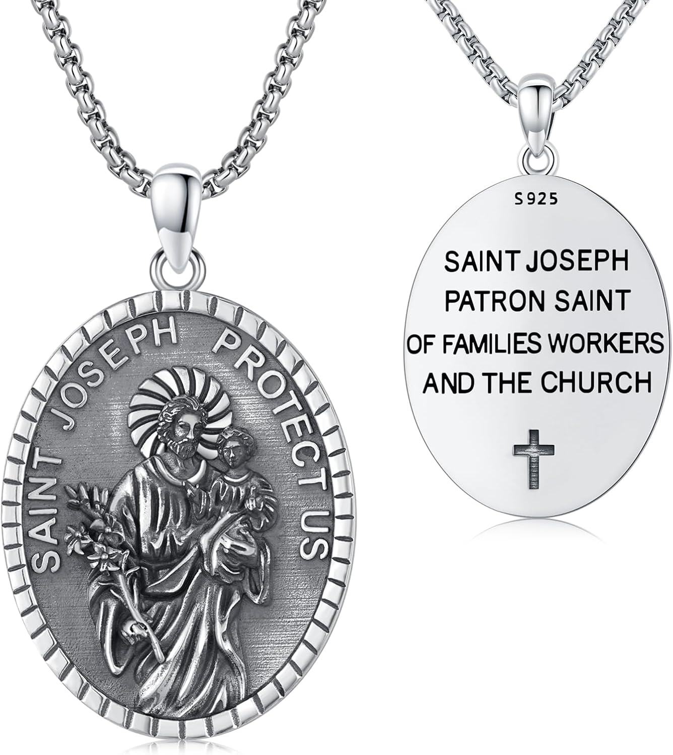 Sterling Silver Patron Saint Amulet Protection Medal Necklace Catholic Jewelry Gift for Men Women-St Joseph Medal