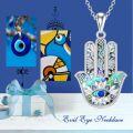 wholesale 925 Sterling Silver Metal Abalone Shell Blue Evil Eye Hamsa Hand Pendant Necklace for Women and Men-0-5
