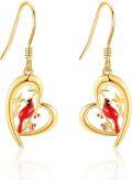 wholesale 14K Gold Heart-Shaped Cardinal Drop Earrings - Christmas Gifts for Her-0-0