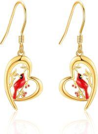wholesale 14K Gold Heart-Shaped Cardinal Drop Earrings - Christmas Gifts for Her-Cardinal Earrings