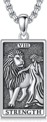 wholesale 925 Sterling Silver Tarot Card Pendant - Strength (Lion & Woman) Charm Necklace for Men Women Gifts Jewelry Accessories -Strength