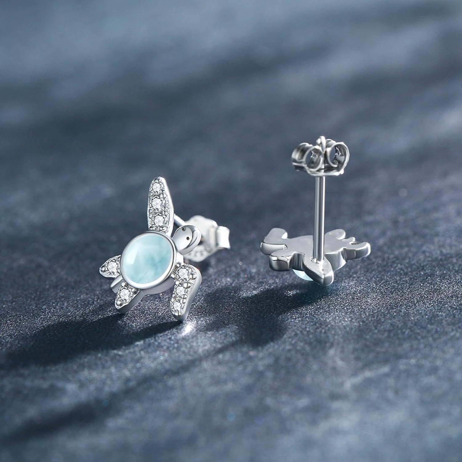 wholesale 925 Sterling Silver Turtle Stud Earrings with Larimar Moonstone and Turquoise - Ocean s for Women-0-1
