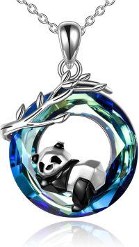 wholesale 925 Sterling Silver Blue Crystal Panda I Love You Moon Pendant Necklace-blue crystal