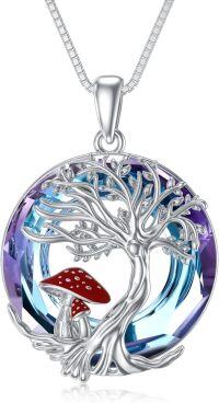 wholesale 925 Sterling Silver Crystal Tree of Life Red Mushroom Pendant Necklace for Women-Tree of Life Mushroom-Purple Crystal