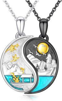 wholesale 925 Sterling Silver Yin Yang Landscape Necklace Set for Couples - Matching Pendants with Mountains and Trees Design-03- Mountains（Blue）