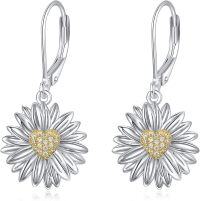 wholesale 925 Sterling Silver Sunflower Heart Drop Earrings for Women-Silver-Daisy Earrings