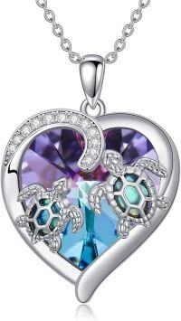 wholesale 925 Sterling Silver Turtle Necklace with Abalone Shell Heart Crystal Pendant Birthday Gift for Women-purple