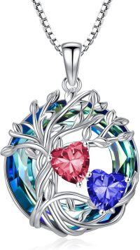 wholesale 18K White Gold Filled Sterling Silver Family Tree Pendant with 2 Heart Birthstones Blue Austrian Crystal Necklace for Women-07-09-Jul-Spet Birthstone