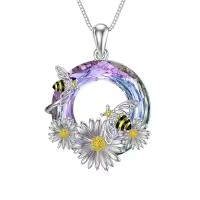 TOUPOP Sterling Silver Stone Animal Necklace: Butterfly Cat Dog Bee Elephant Rabbit Penguin Horse Snake Phoenix Gift (Bee Flower)-undefined