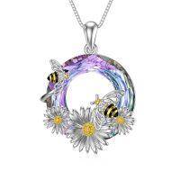 TOUPOP Sterling Silver Stone Animal Necklace: Butterfly Cat Dog Bee Elephant Rabbit Penguin Horse Snake Phoenix Gift (Bee Flower)-undefined