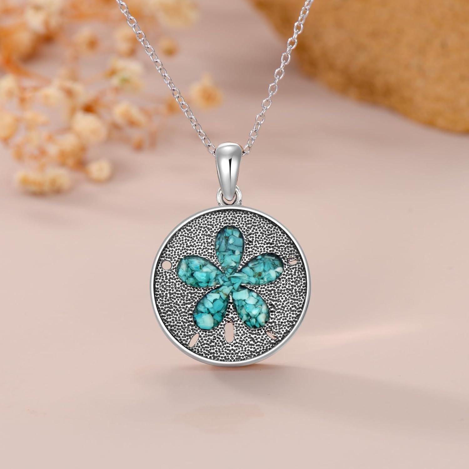 925 Sterling Silver Turquoise Flower Pendant Necklace for Women-0-1