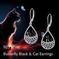 wholesale 925 Sterling Silver Black Cat Butterfly Teardrop Dangle Earrings - Mothers Day Gift for Her-0-5