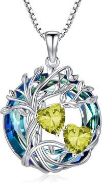wholesale 18K White Gold Filled Sterling Silver Family Tree Pendant with 2 Heart Birthstones Blue Austrian Crystal Necklace for Women-08-08-Aug-Aug Birthstone