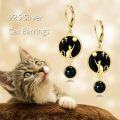 wholesale 925 Sterling Silver Black Onyx Cat Dangle Earrings with Gold Plating and Star Design-0-5