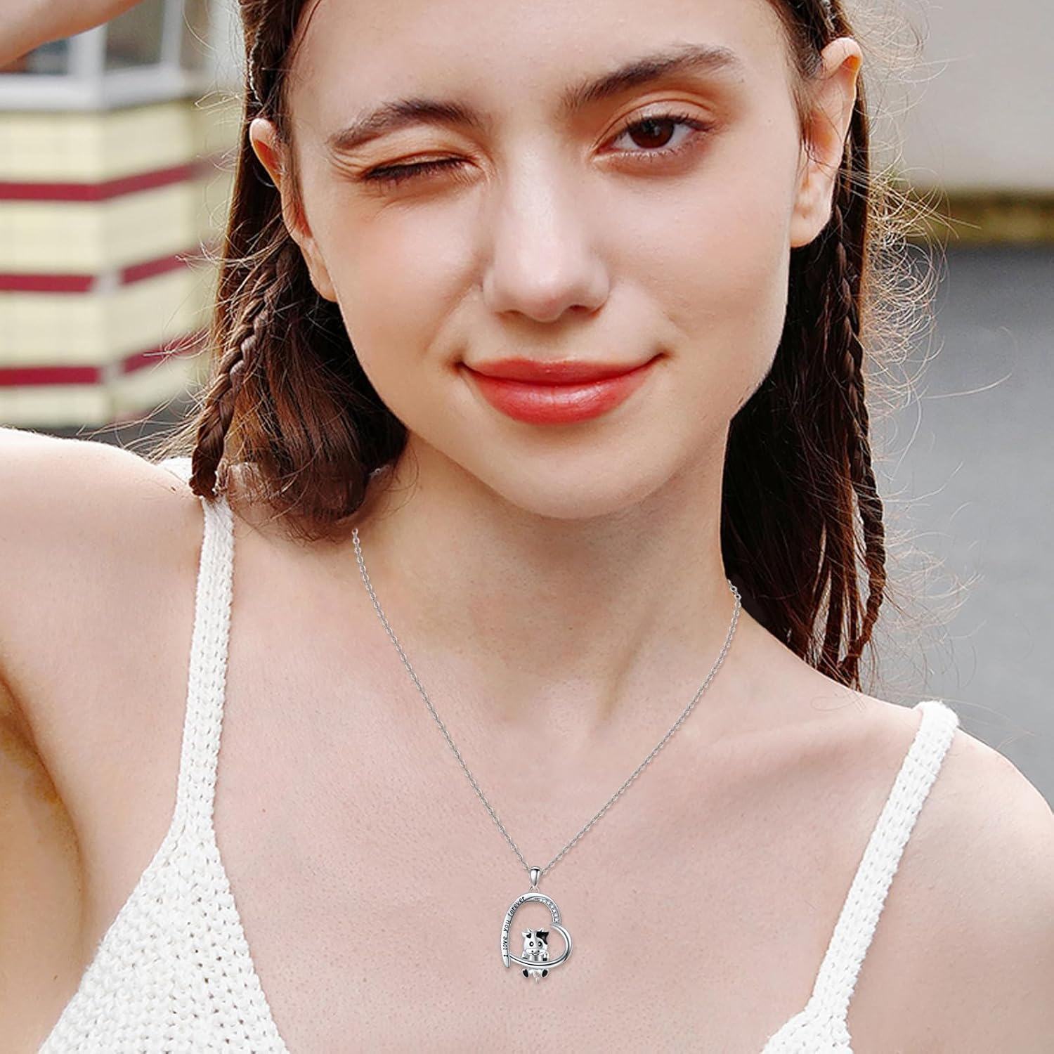Sterling Silver Stone Animal Jewelry Heart Cow Cat Axolotl Butterfly Necklace for Women Birthday-0-3